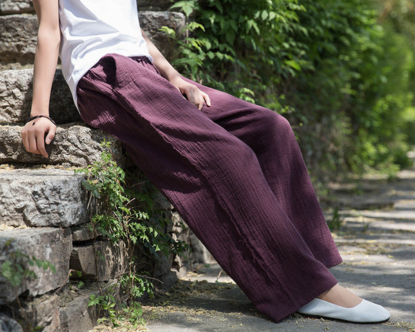 Women Wrinkled Linen and Cotton Yoga Style Wide Leg Pants