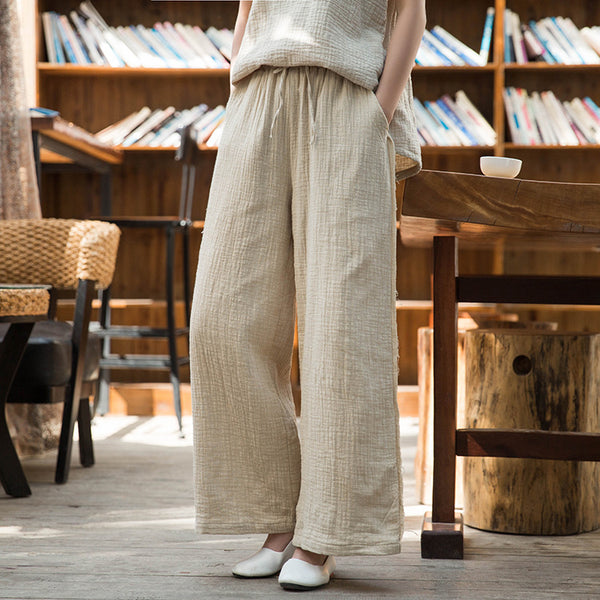 Women Wrinkled Linen and Cotton Yoga Style Wide Leg Pants