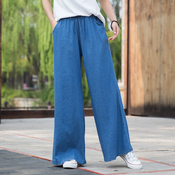 Women Sand Washed Jean Style Wide Leg Pants