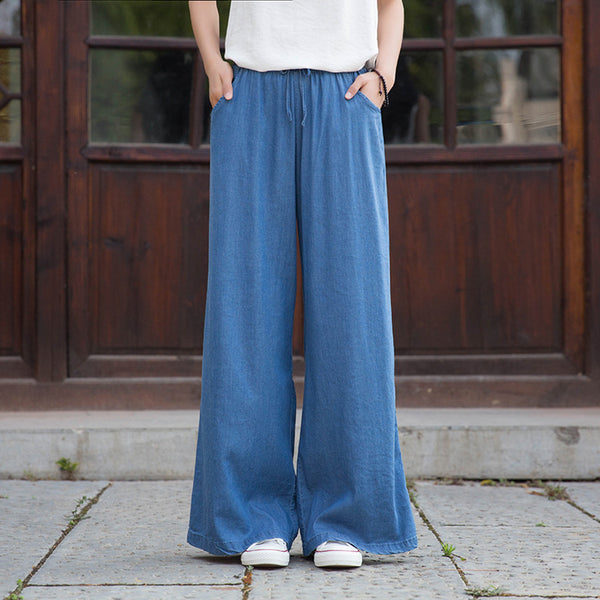 Women Sand Washed Jean Style Wide Leg Pants