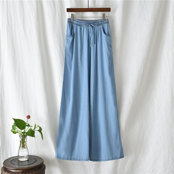 Women Sand Washed Jean Style Wide Leg Pants