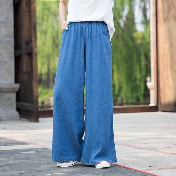 Women Sand Washed Jean Style Wide Leg Pants