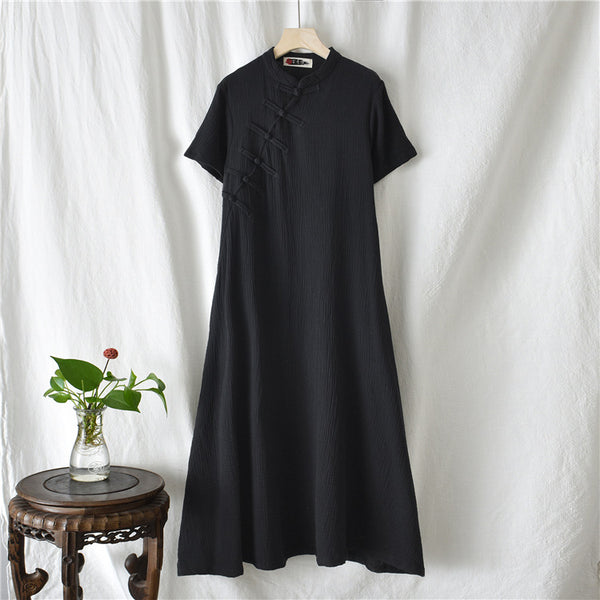 Retro Chinese Style Women Winkled Linen and Cotton Short Sleeve Dress