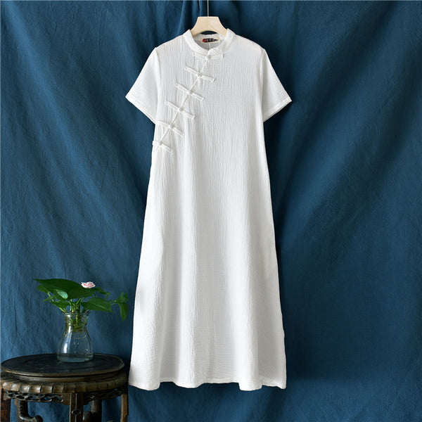 Retro Chinese Style Women Winkled Linen and Cotton Short Sleeve Dress