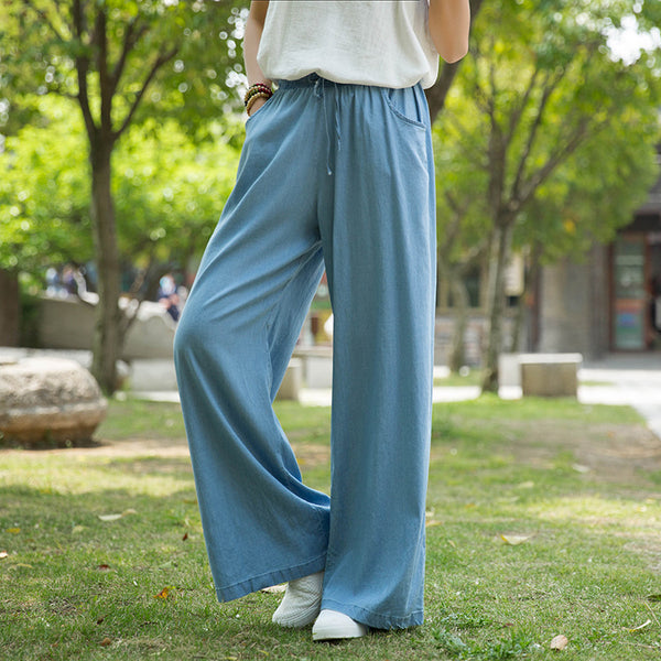 Women Sand Washed Jean Style Wide Leg Pants