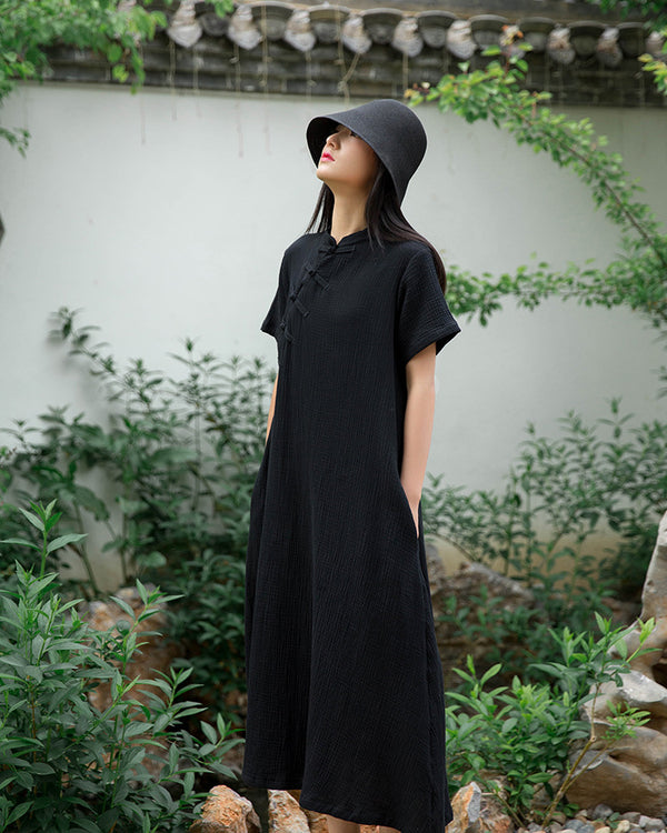 Retro Chinese Style Women Winkled Linen and Cotton Short Sleeve Dress