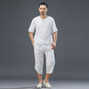 Men Retro Style Linen and Cotton Short Sleeve T-shirt and Capri Pants Set