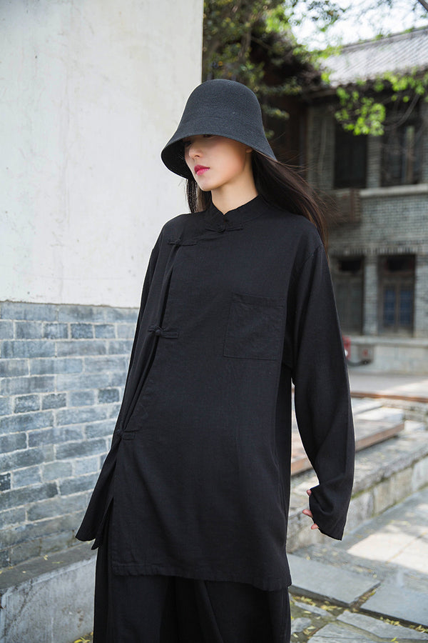 Women Retro Chinese Style Linen and Cotton Long Sleeve Loose Tops