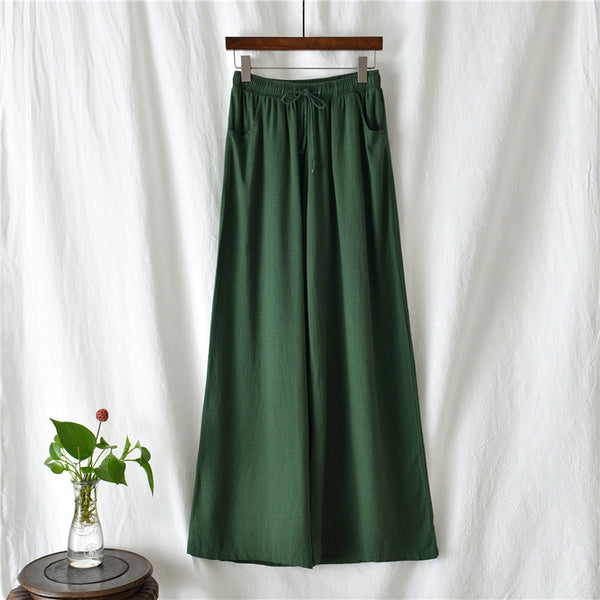 Women Sand Washed Linen and Cotton Wide Leg Pants