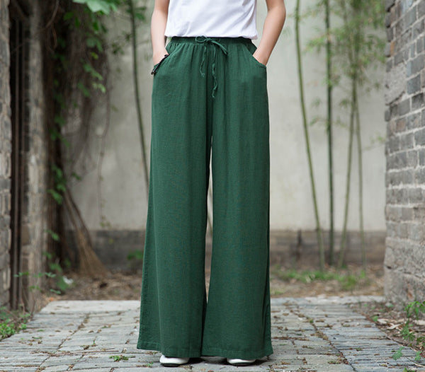 Women Sand Washed Linen and Cotton Wide Leg Pants