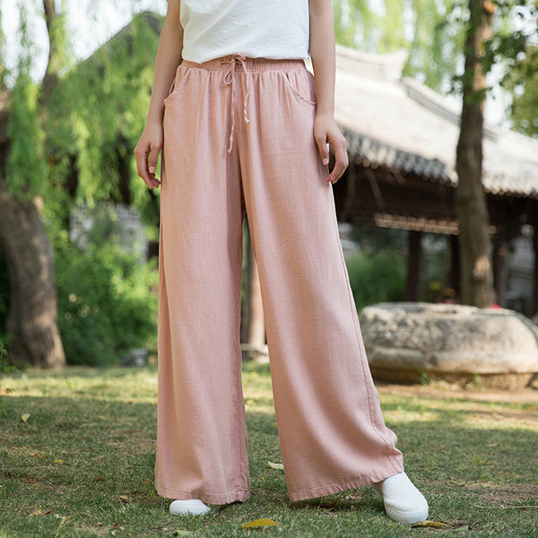 Women Sand Washed Linen and Cotton Wide Leg Pants