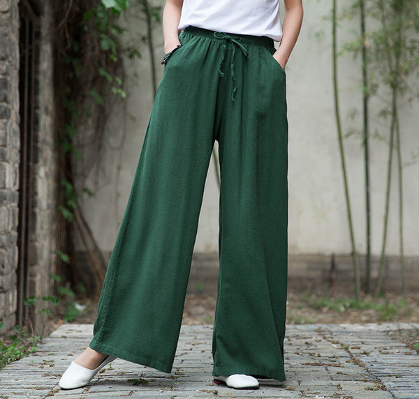 Women Sand Washed Linen and Cotton Wide Leg Pants