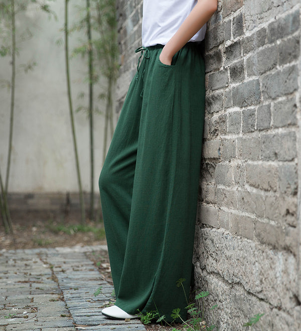 Women Sand Washed Linen and Cotton Wide Leg Pants