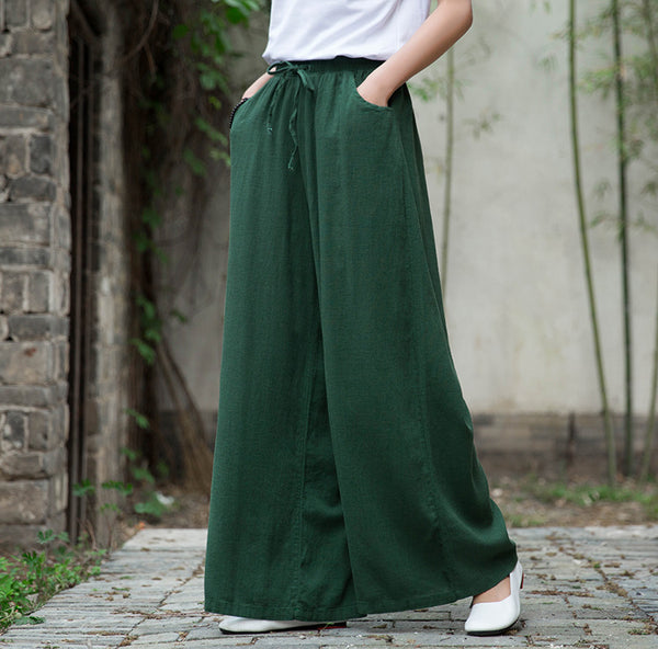 Women Sand Washed Linen and Cotton Wide Leg Pants