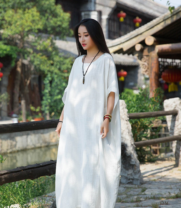 Women Simple Winkled Linen and Cotton Long Sleeve Loose Dress