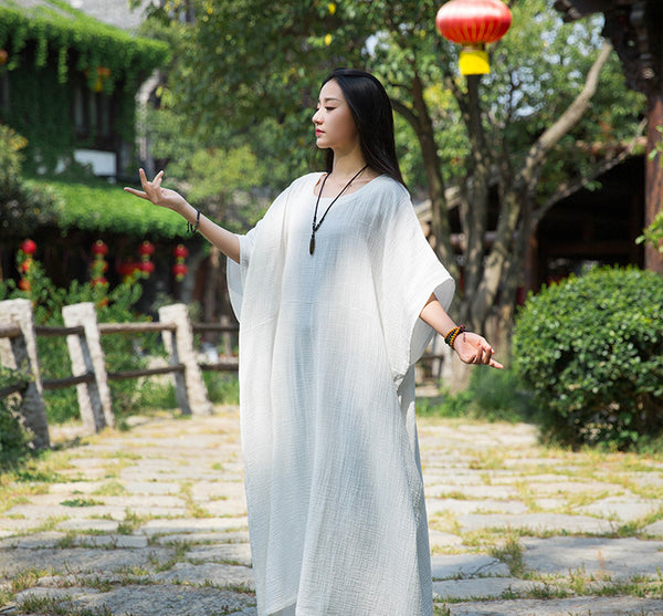 Women Simple Winkled Linen and Cotton Long Sleeve Loose Dress