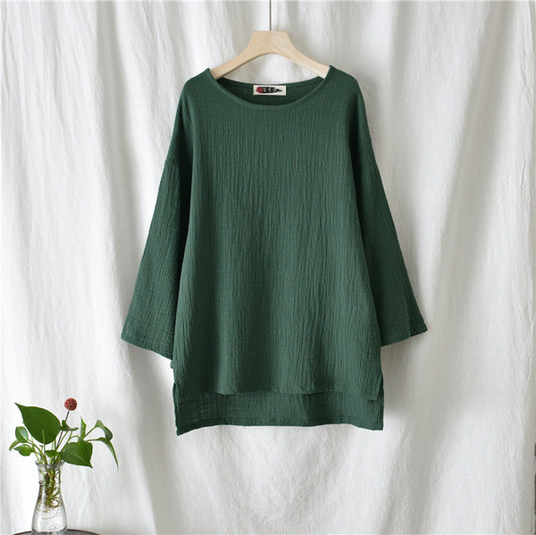 Women Retro Style Linen and Cotton Long Sleeve Loose T-shirt