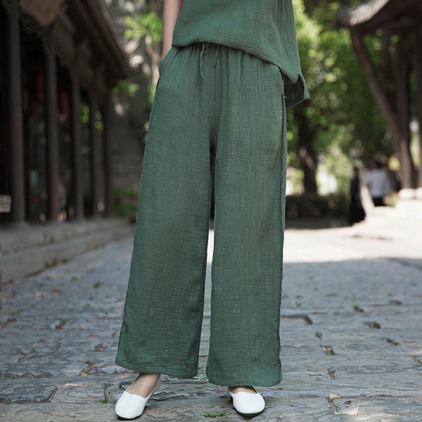 Women Wrinkled Linen and Cotton Yoga Style Wide Leg Pants