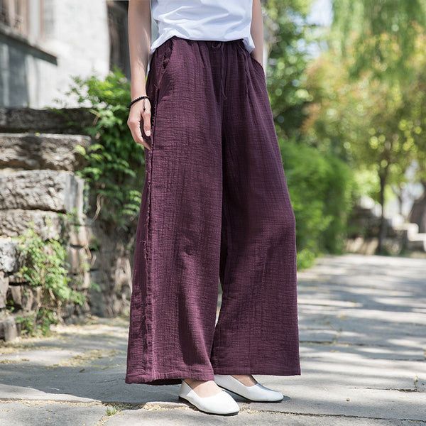 Women Wrinkled Linen and Cotton Yoga Style Wide Leg Pants