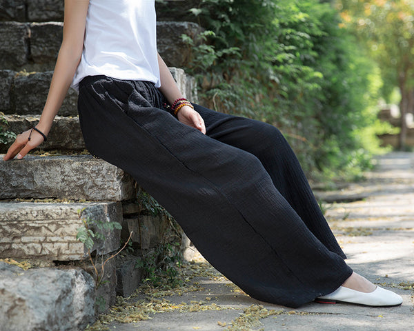 Women Wrinkled Linen and Cotton Yoga Style Wide Leg Pants