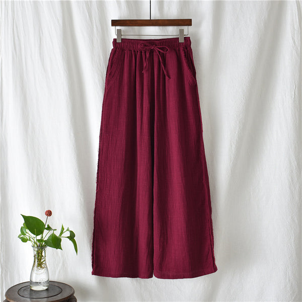 Women Wrinkled Linen and Cotton Yoga Style Wide Leg Pants