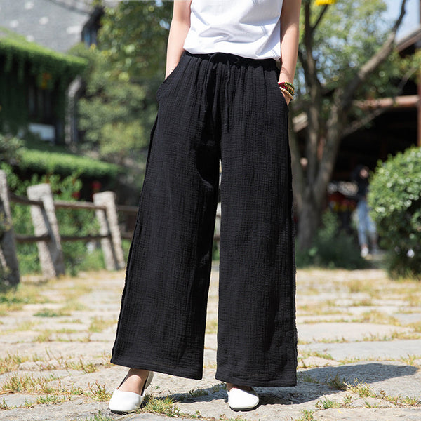 Women Wrinkled Linen and Cotton Yoga Style Wide Leg Pants