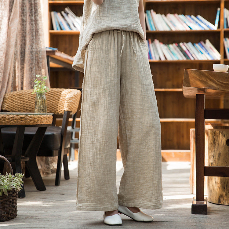 Women Wrinkled Linen and Cotton Yoga Style Wide Leg Pants