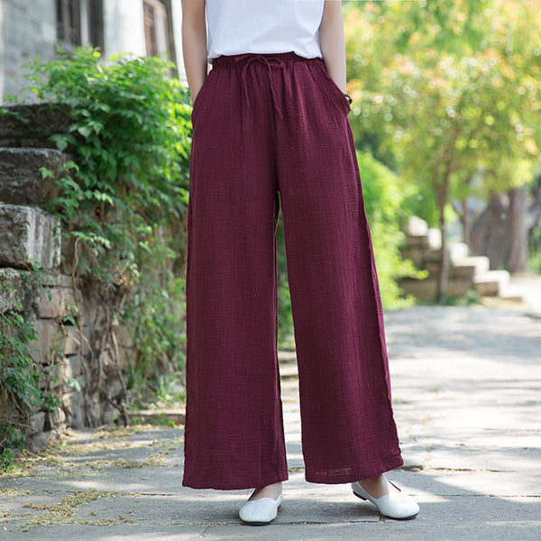 Women Wrinkled Linen and Cotton Yoga Style Wide Leg Pants