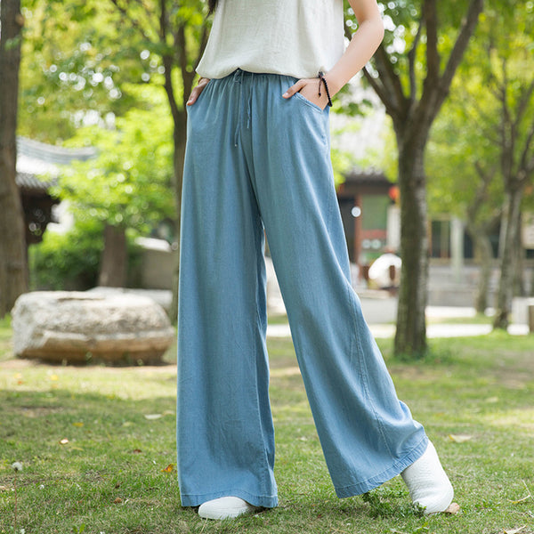 Women Sand Washed Jean Style Wide Leg Pants