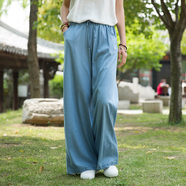 Women Sand Washed Jean Style Wide Leg Pants