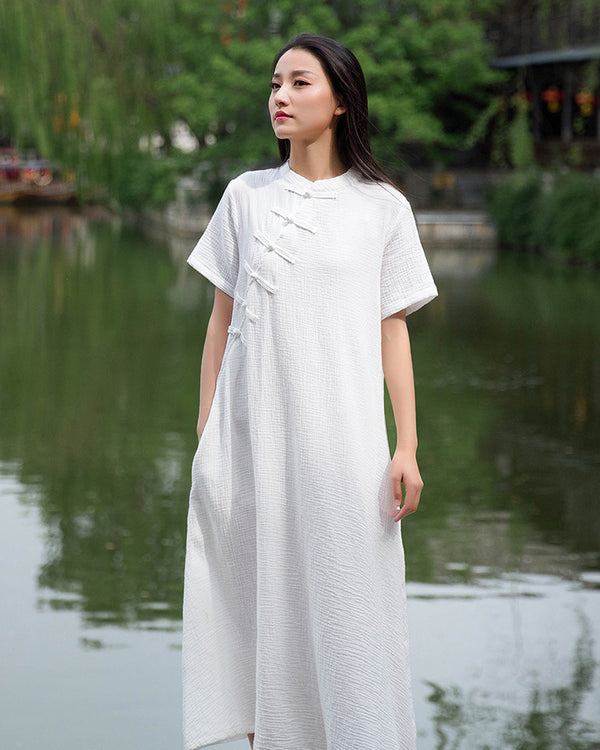 Retro Chinese Style Women Winkled Linen and Cotton Short Sleeve Dress