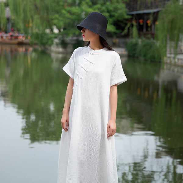 Retro Chinese Style Women Winkled Linen and Cotton Short Sleeve Dress