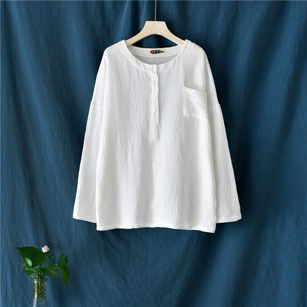 Women Simple Top Buckle Linen and Cotton Long Sleeve Loose T-shirt