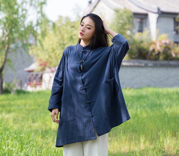 Women Retro Chinese Kung Fu Style Linen and Cotton Long Sleeve Loose Shirt