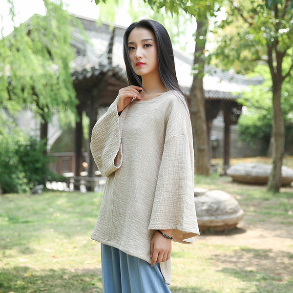 Women Retro Style Linen and Cotton Long Sleeve Loose T-shirt