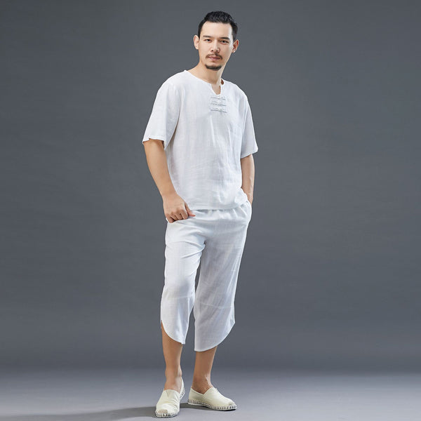 Men Retro Style Linen and Cotton Short Sleeve T-shirt and Capri Pants Set