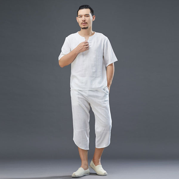 Men Retro Style Linen and Cotton Short Sleeve T-shirt and Capri Pants Set