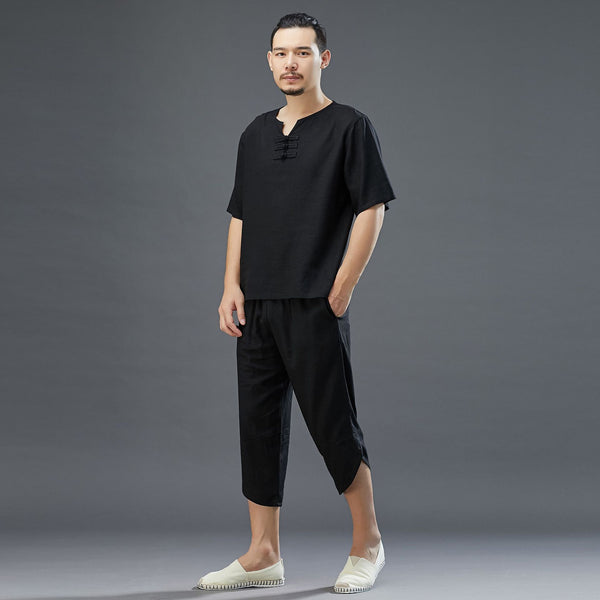 Men Retro Style Linen and Cotton Short Sleeve T-shirt and Capri Pants Set