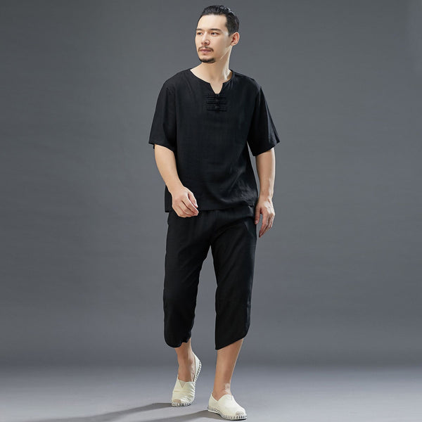 Men Retro Style Linen and Cotton Short Sleeve T-shirt and Capri Pants Set