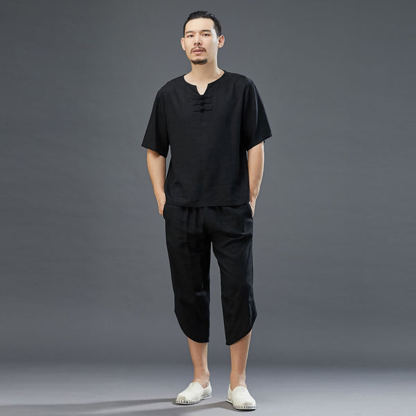 Men Retro Style Linen and Cotton Short Sleeve T-shirt and Capri Pants Set