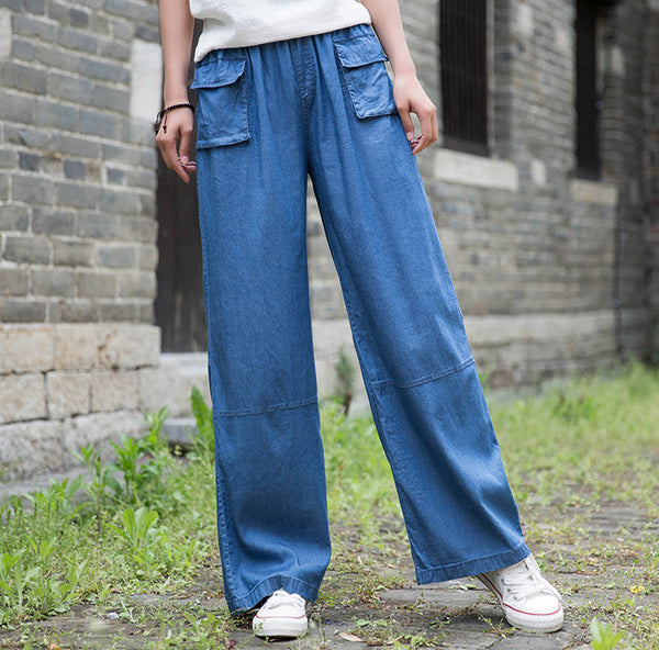 Women Causal Jean Style Cotton Wide Leg Pants