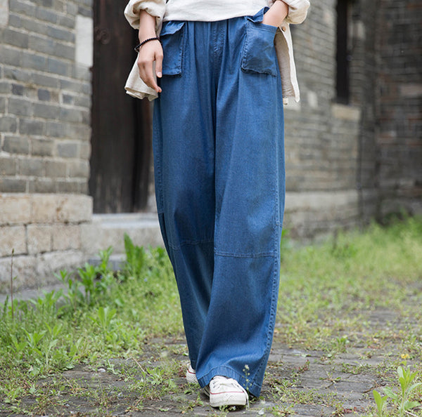 Women Causal Jean Style Cotton Wide Leg Pants