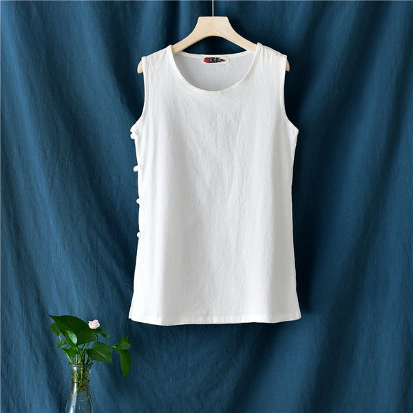 Women Side Buckle Casual Linen and Cotton Tank