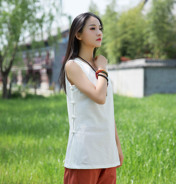 Women Side Buckle Casual Linen and Cotton Tank