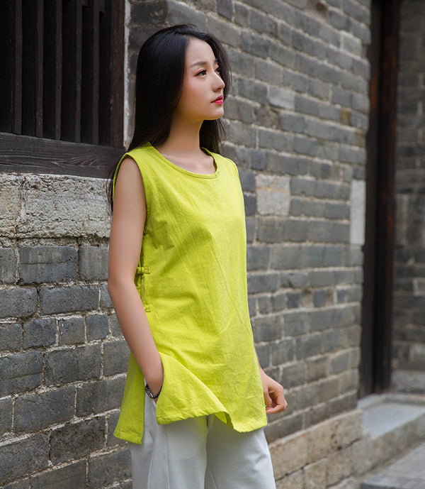 Women Side Buckle Casual Linen and Cotton Tank