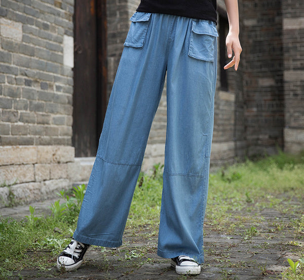 Women Causal Jean Style Cotton Wide Leg Pants