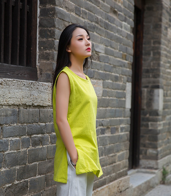 Women Side Buckle Casual Linen and Cotton Tank