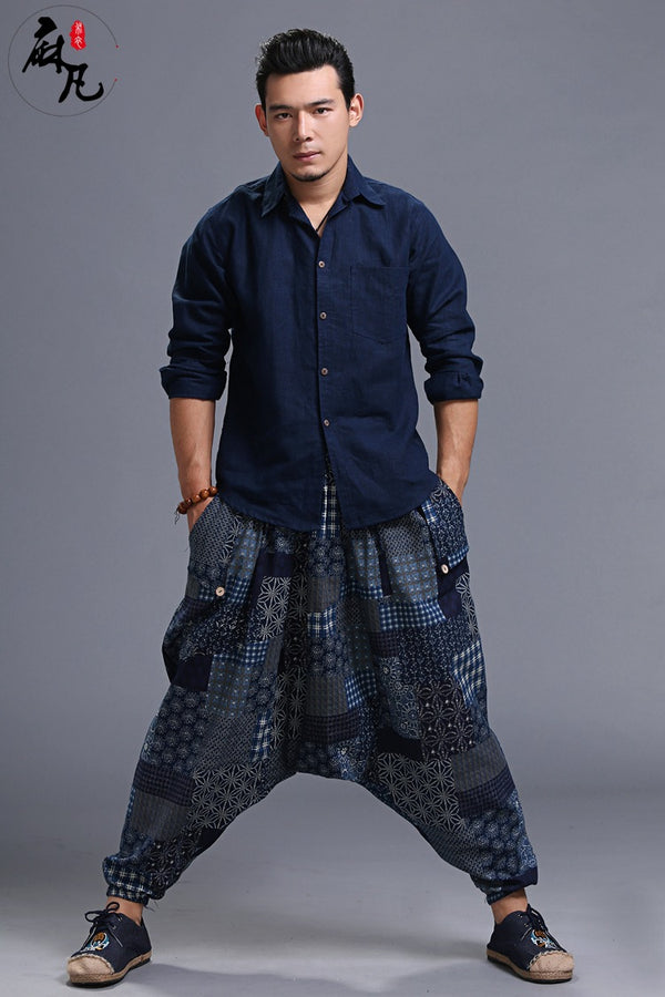 Men Casual Loose Cotton and Linen Printed Hanging Crotch Dancing Pants