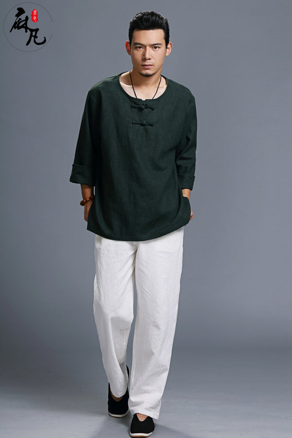 Men Chinese Style Casual loose Round Neck Long Sleeve Hanfu Kungfu Linen and Cotton Tops