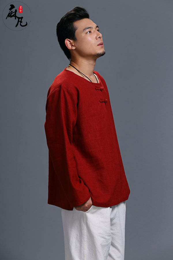 Men Chinese Style Casual loose Round Neck Long Sleeve Hanfu Kungfu Linen and Cotton Tops